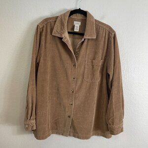 LL Bean Womens Large Corduroy Button Up Shirt Brown Cotton Long Sleeve